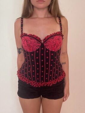 Chantal Thomass vintage hot pink & Black Polka Dot Lace Bustier Top
